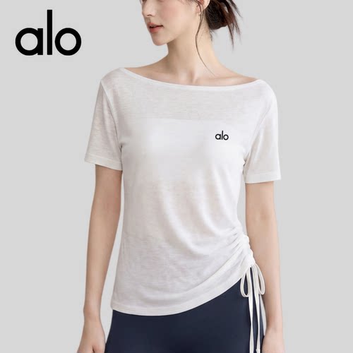 AIo薄款瑜伽服夏女抽绳显瘦透气宽松短袖跑步健身普拉提罩衫t恤衫