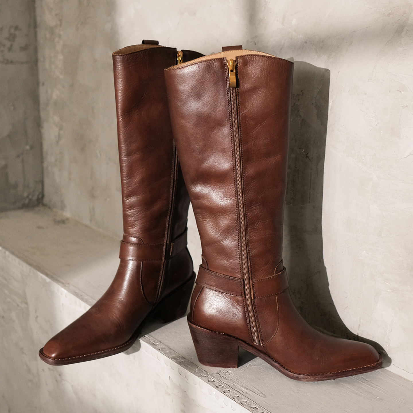 意大利头层牛皮西部靴通勤长筒靴