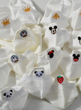 白色哆啦A梦袜子女纯棉春夏天薄款短袜刺绣卡通可爱日系袜子船袜