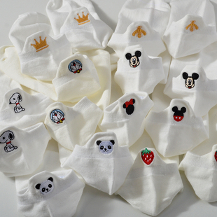 白色哆啦A梦袜子女纯棉春夏天薄款 短袜刺绣卡通可爱日系袜子船袜