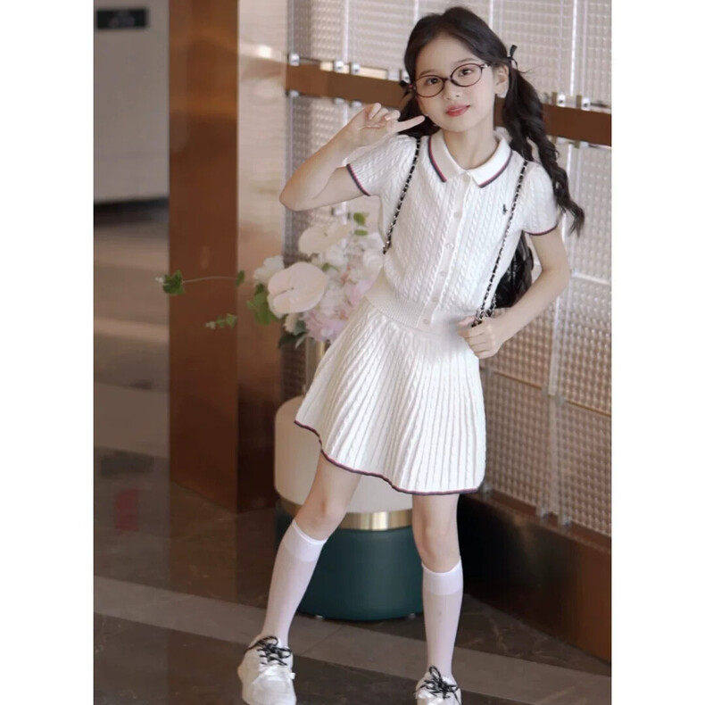 女童JK学院风套装2026夏季新款儿童百褶裙子夏天小女孩针织连衣裙