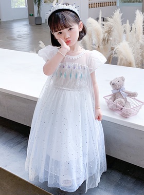 冰雪奇缘艾莎公主裙原版夏季白色爱莎连衣裙女孩elsa生日蓬蓬纱裙