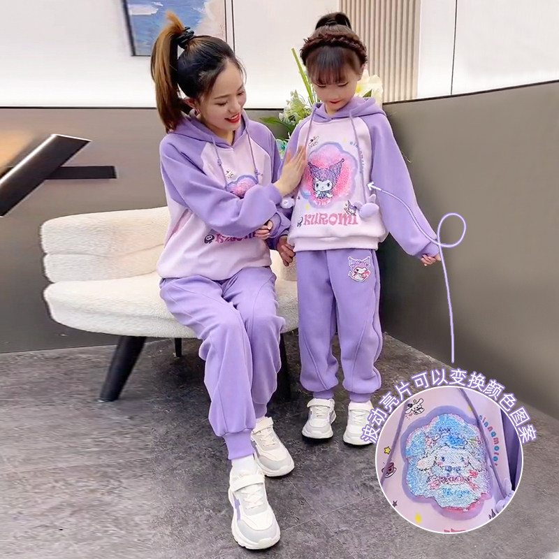 亮片翻转可以会变色酷洛米衣服女童春季儿童变脸图案春装卫衣套装