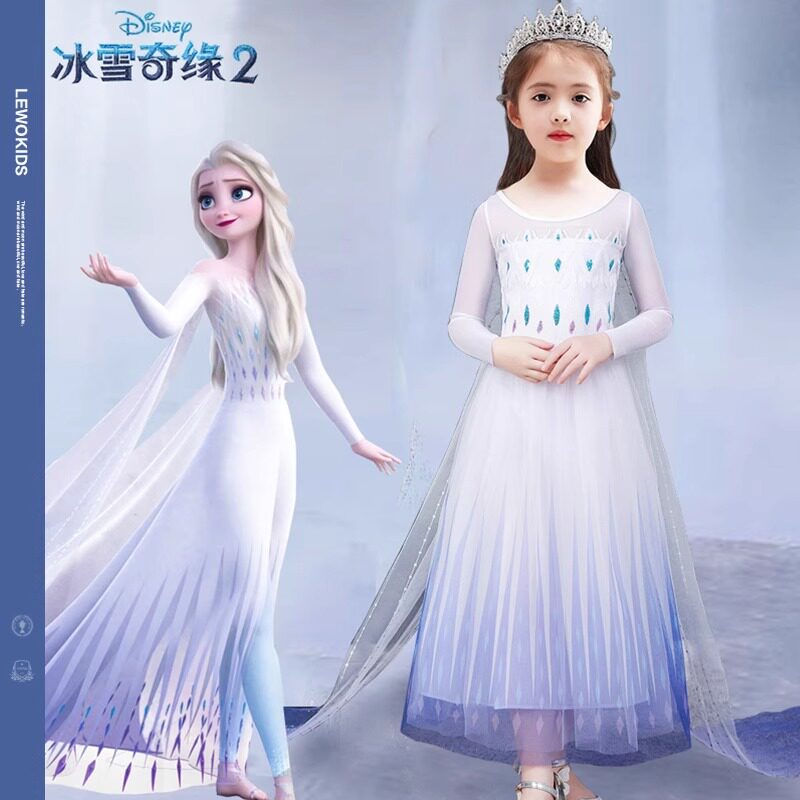 冰雪奇缘迪士尼爱莎艾莎公主裙女童春装夏季女孩拖地披风连衣裙子
