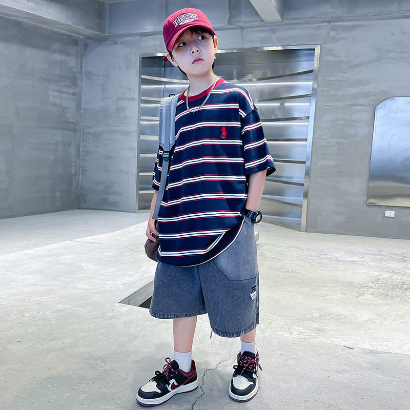 男童夏季款条纹短袖套装2026儿童牛仔工装短裤中大童休闲两件套潮