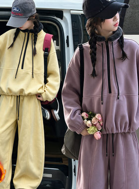 女童冬款韩版休闲加绒卫衣卫裤套装中大童立领夹克外套加厚直筒裤