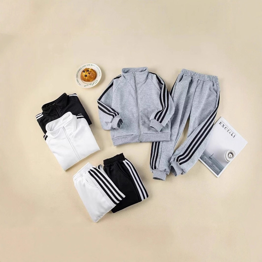 儿童休闲三杆运动套装男孩女童拉链开衫外套条纹学生中大童卫衣裤