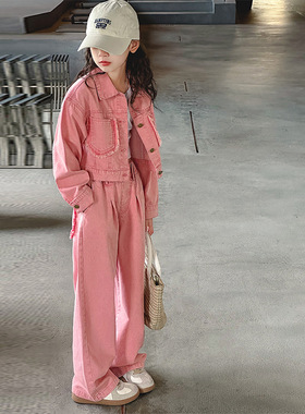 23新女童秋季套装童装软牛仔外套长裤子洋气拖地裤网红街舞两件套