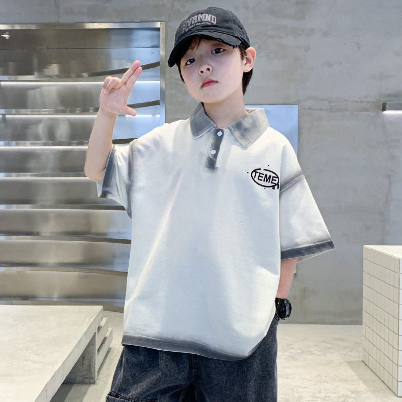 男童夏季渐变 Polo 衫套装2026儿童工装牛仔短裤中大童休闲两件套