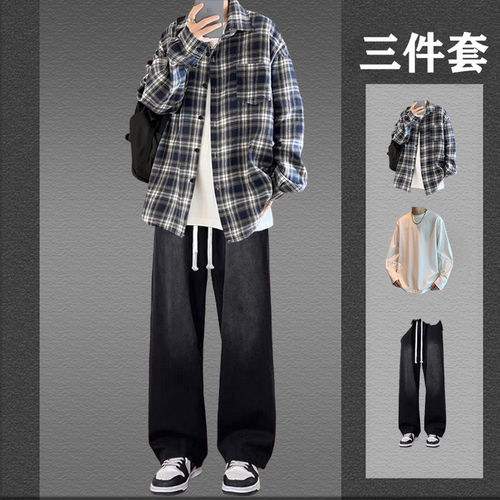 春季港风痞帅男长袖格子运动套装