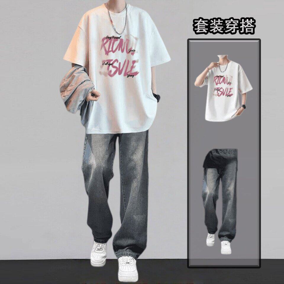 潮牌宽松短袖t恤套装男夏季痞帅街头风印花运动穿搭青少年两件套