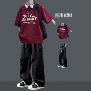 美式短袖T恤男生一套夏季青少年潮牌休闲套装帅气高中生显高帅气