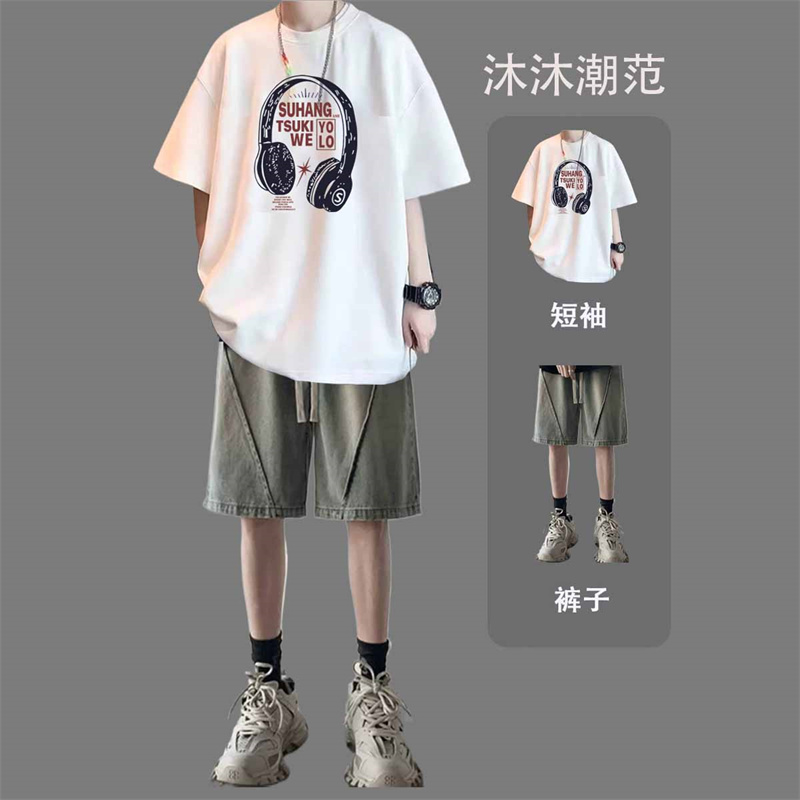 夏季t恤套装男痞帅短袖学生潮牌时尚一套搭配帅气牛仔短裤两件套