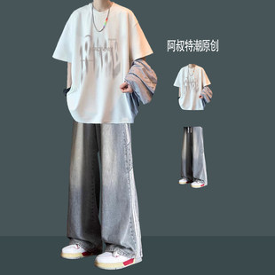 短袖 青少年男装 帅气学生休闲套装 夏季 痞帅两件套 T恤宽松阔腿裤