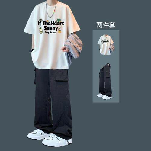 夏季男港风短袖T恤工装裤套装