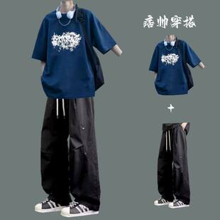 美式 T恤男夏季 青少年潮流搭配运动套装 痞帅宽松两件套 休闲风短袖