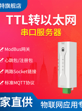 TTL转以太网串口服务器10M/100M网口ModBus网关两路socket标准MQTT协议RJ45远程升级心跳包注册包非隔离