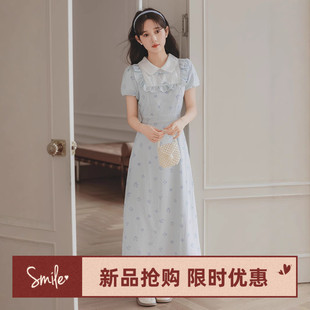 2025夏季 连衣裙 新款 甜美蝴蝶结设计感撞色娃娃领木耳边碎花短袖