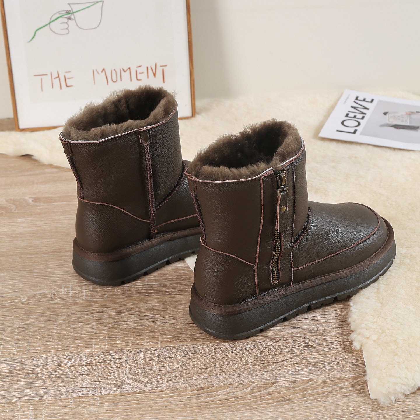 全羊毛雪地靴男冬2025新款皮毛一体加厚保暖防滑厚底中筒拉链棉鞋,流行男鞋,时尚雪地靴,淘宝优惠券,粉丝福利购,淘宝优惠卷
