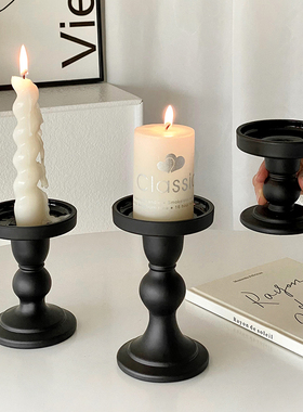 复古黑色罗马柱烛台法式家用餐桌氛围感装饰玻璃摆件蜡烛香薰台座