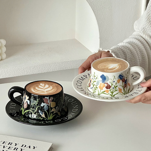 复古油画般繁花开咖啡杯女士个人专用手绘拿铁杯碟套装陶瓷马克杯