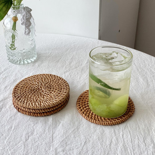 日式藤编织茶道垫圆形杯托