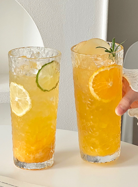大容量锤纹玻璃杯家用透明高颜值设计感小众果茶杯冷饮喝水咖啡杯
