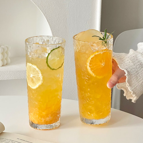 大容量锤纹玻璃杯家用透明高颜值设计感小众果茶杯冷饮喝水咖啡杯