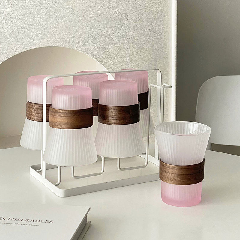 磨砂粉色玻璃杯套装家用待客水杯