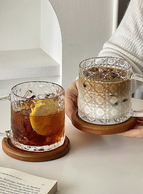 刻花带把玻璃杯家用创意高颜值女生透明喝水饮料冰咖啡杯马克杯子
