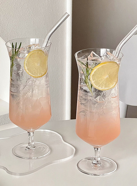 高脚果汁杯家用创意反口玻璃杯鸡尾酒杯果茶苏打气泡水杯饮品杯子