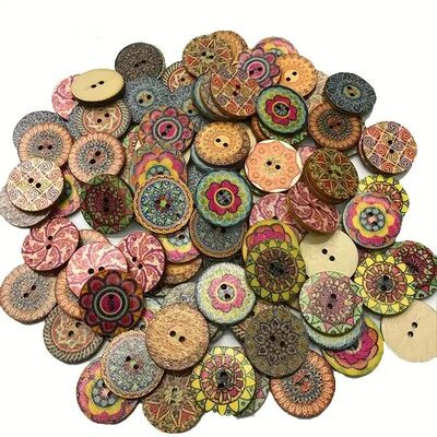 100pcs, 20mm Vintage Wooden Buttons Colorful Painted Craft W