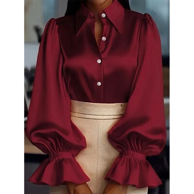 Elegant Satin Blouse with Ruffled Cuff Sleeves and Button-Do