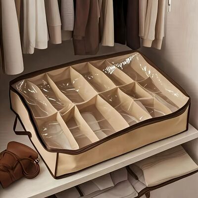 12-Compartment Clear Zippered Storage Box for Shoes and Unde