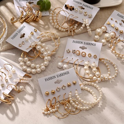 Fashion gold hoop earrings ladies pearl punk earrngs set耳饰
