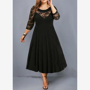 Black lace stitching big yards dress party dress 大码连衣裙