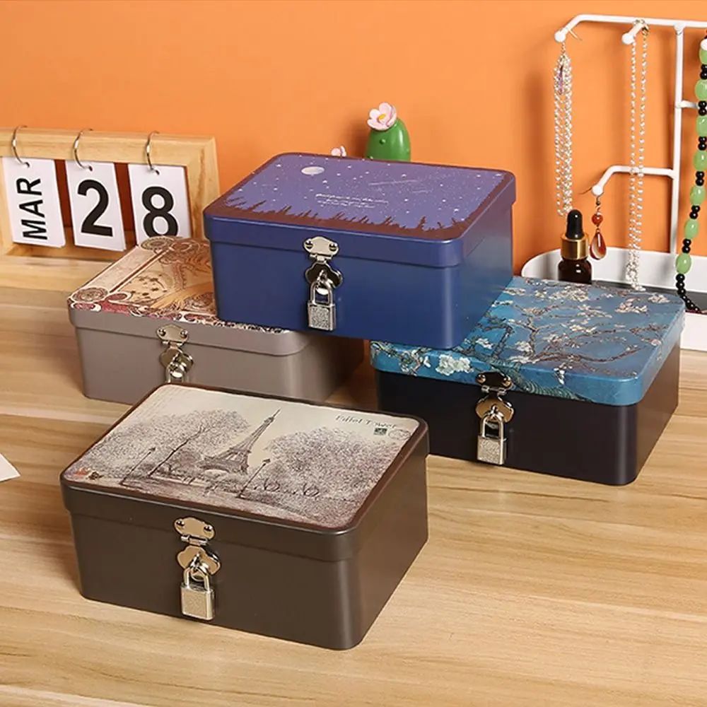 Vintage Large Capacity Tinplate Box with Lock Key Desktop St