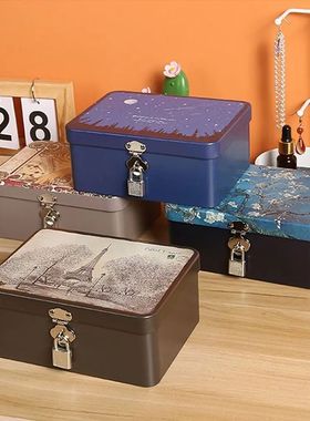 Vintage Large Capacity Tinplate Box with Lock Key Desktop St