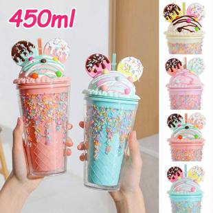 450ml Cute Straw Cup,Ice Cream Lids for Stanley Tumbler,Reus