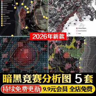 国外暗黑竞赛风建筑景观城规场地周边区位前期分析图PSD素材