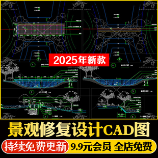 湿地公园生态修复景观规划设计溢水堰景墙木栈道CAD施工图静思园