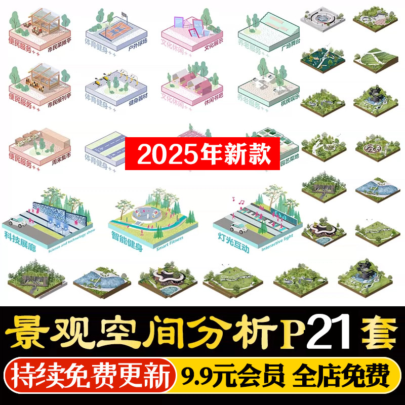 小清新公园广场园林景观竞赛风插画ps空间模块分析图psd分层素材