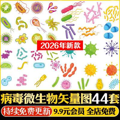 微生物病毒细菌群真菌生物细胞卡通插画场景图片ai矢量设计素材