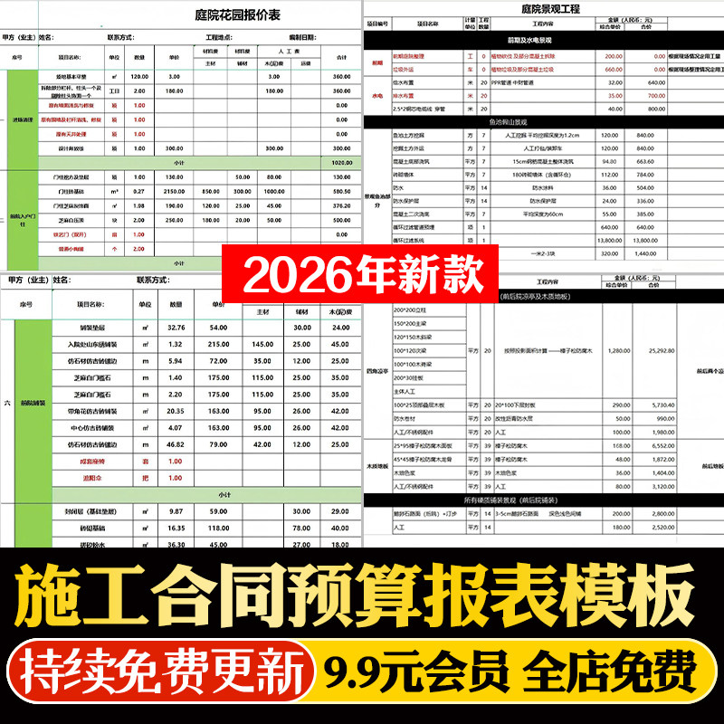 别墅庭院花园园林景观设计施工合同预算报价植物配置造价表工艺