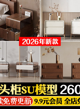床头柜斗柜矮柜边几现代北欧侘寂中古风新中式SU模型家具CAD图库