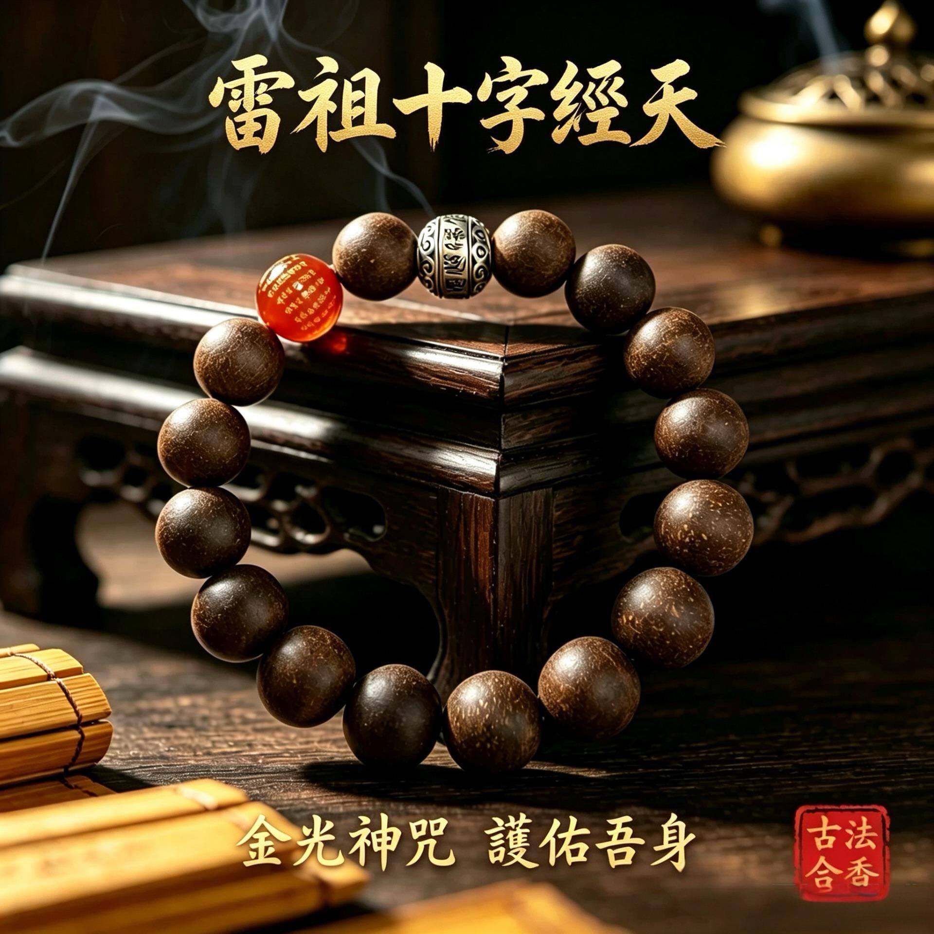 雷祖木香息肌合香手珠 12手串十字天经手链玛瑙金光神咒道家法器