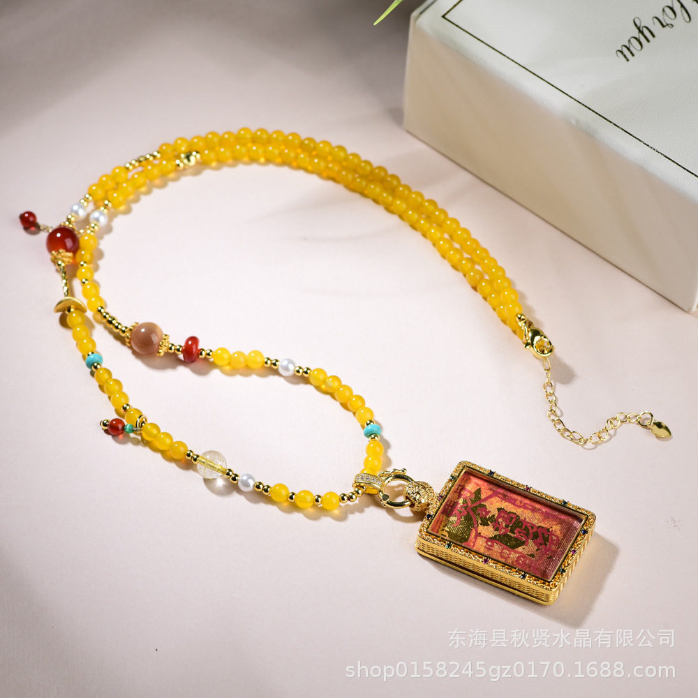 新款黄玛瑙万能链小众轻奢多宝唐卡佛牌挂坠吊坠绳女生时尚项链绳
