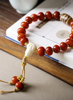 2026上新橘红皮骨头手链 文玩无相佛三通虎牙天珠手串 一件代发