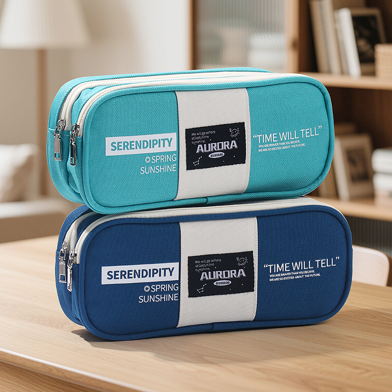 ins风笔袋2025新款男女生日系初中生牛津布大容量多层双拉链铅笔袋高颜值笔盒简约小清新创意简约学生文具盒