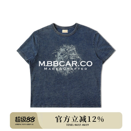 靛蓝竹节花纱印第安西部做旧短袖